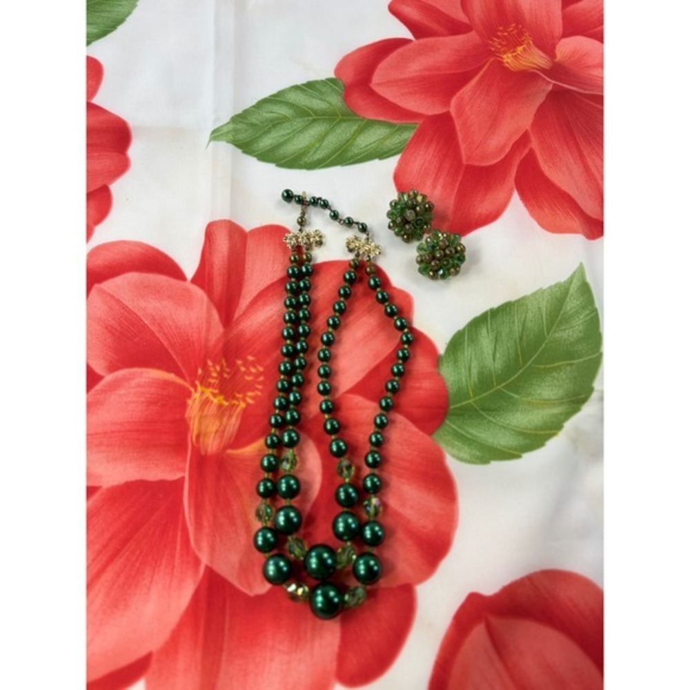 Vintage Japan Emerald Green Faux Pearl Crystal Double Strand Necklace Earrings - Picture 2 of 7